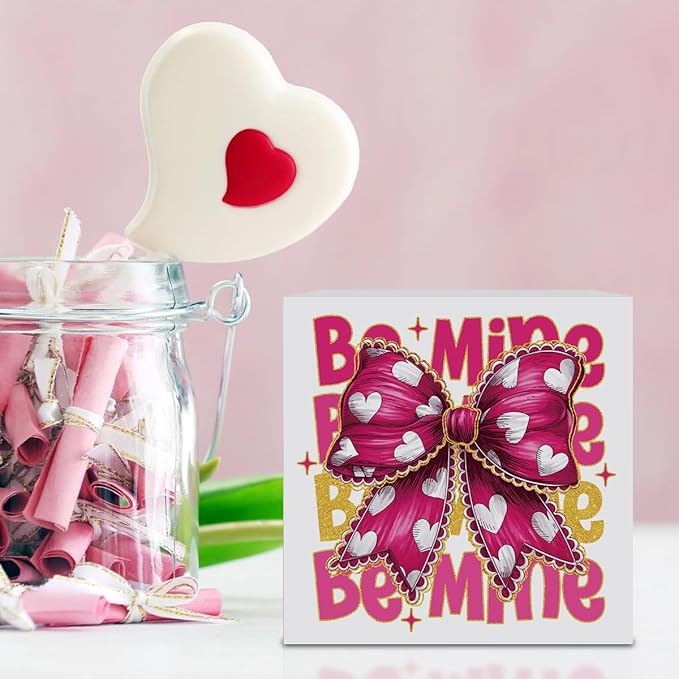 Valentines Day Decorations, Valentines Day Gifts for Her Him, Gift for Boyfriend Girlfriend, Pink Glitter Heart Bow Anniversary Wooden Box Sign Husband Wife Home Office Bedroom Desk Decor