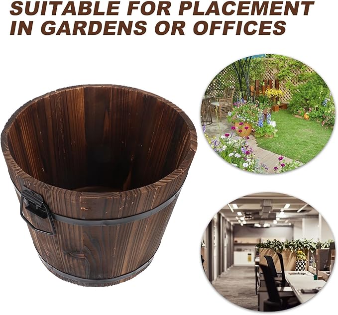 Yardwe Solid Wood Bucket Planter with Drainage Hole Rustic Carbonized Wooden Flower Pot for Indoor and Outdoor Balcony Decor Vintage Succulent Plant Container 11.81 X 9.44 X 9.05 Inch