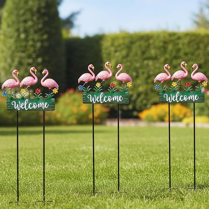 43.3inch Flamingo Garden Stakes with Vintage Welcome Yard Sign, Flamingo Outdoor Decor Metal Yard Art Ornaments for Outside Landscape, for Wife