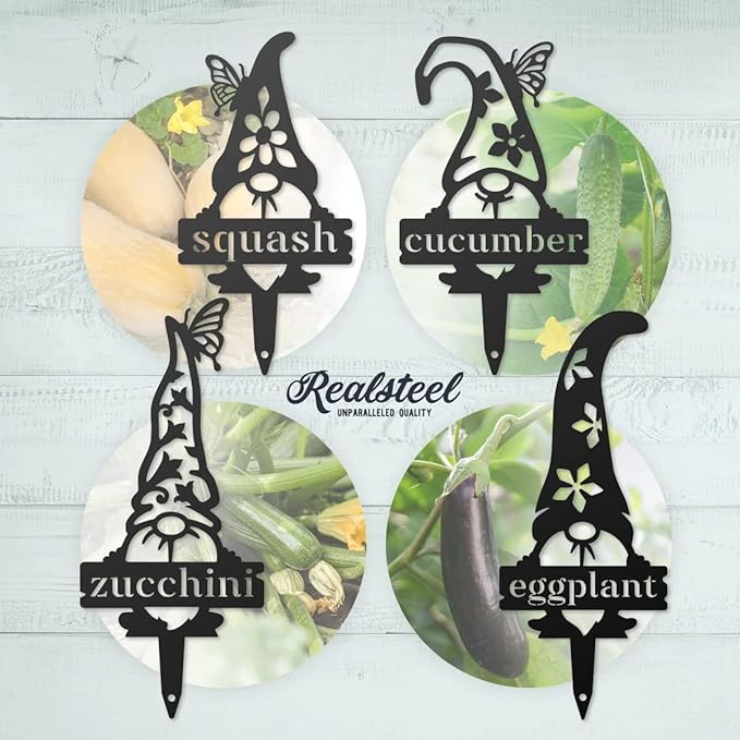 RealSteel Brand, Gnome Plant Markers for Outdoors, Garden Labels Metal Stake, Plant Tags, Garden Sign for Vegetables, Outdoor Decorations, Yard and Gardening Gift - Kale