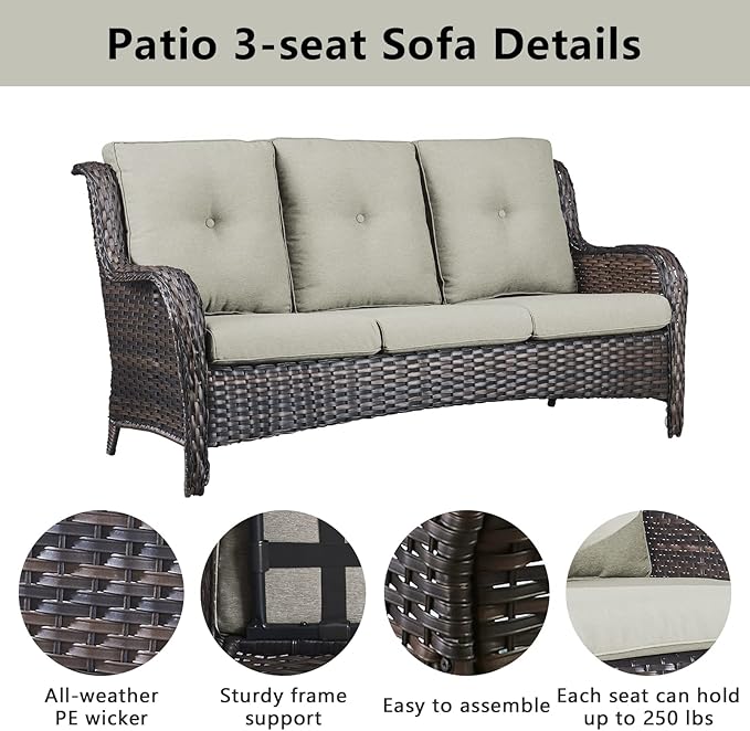 Belord Wicker Patio Furniture Sets - 8 Piece Rattan Outdoor Furniture Conversation Sets with 4 Swivel Rocker Chairs, Rattan Sofa, Wicker Ottomans and Coffee Table, Brown/Beige
