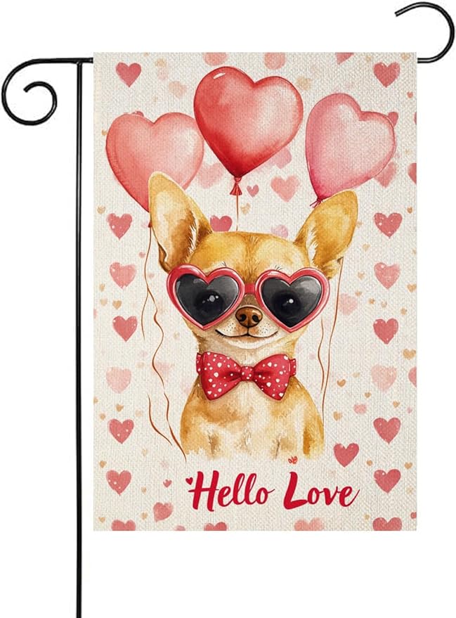 Valentine's Day Chihuahua Hello Love Garden Flag, House Yard Plaid Love Heart Outside Decoration, Spring Holiday Wedding Anniversary Outdoor Small Decor 12x18(12642)