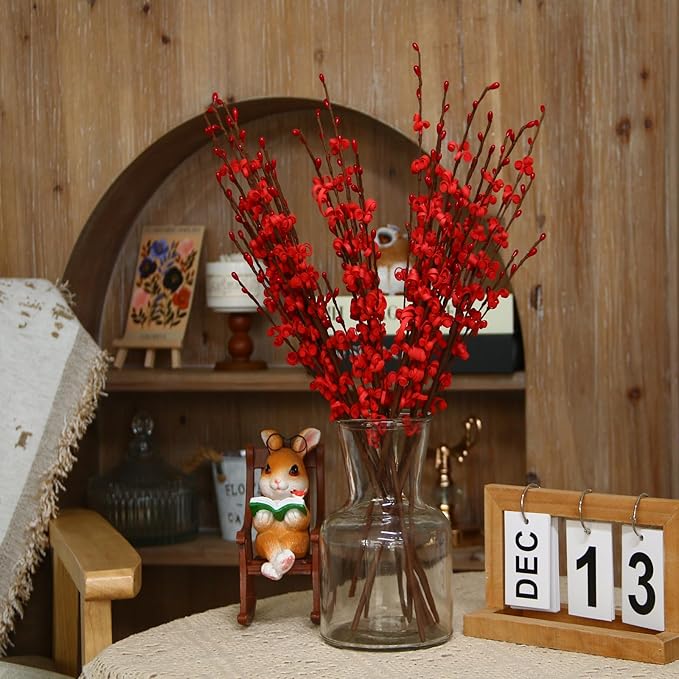 10Pcs 17.5'' Red Flowers Artificial Jasmine Flowers Faux Patriotic DIY Floral Art Red Berries Stem for Valentine's Day Table Centerpieces Vases Home Wedding Bouquets Party Decorations