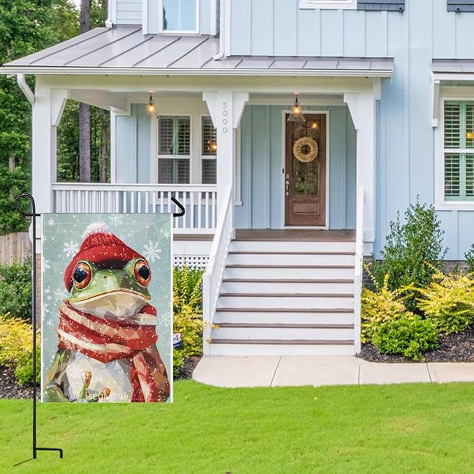 Frog with Red Scarf and Hat Snowflake Christmas Garden Flag, 28x40 Inch Double Sided Linen Holiday Red Winter Farmhouse Yard Outdoor Decoration (4342)