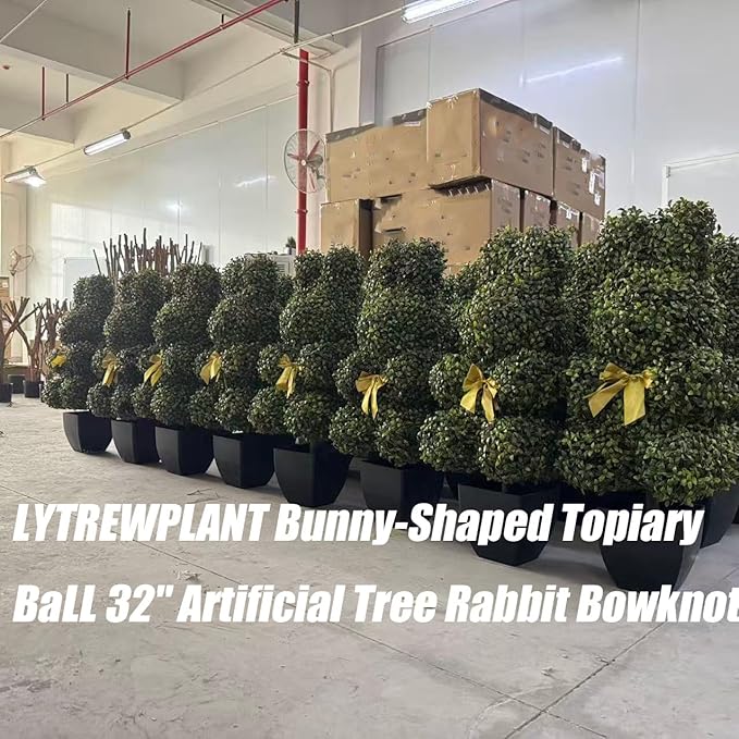 Bunny-Shaped Topiary Ball 32'' Artificial Tree Rabbit Bowknot Pot UV-Resistant Faux Boxwood Topiaries Plant for Porch Decor Outdoor/Indoor 2 Pack