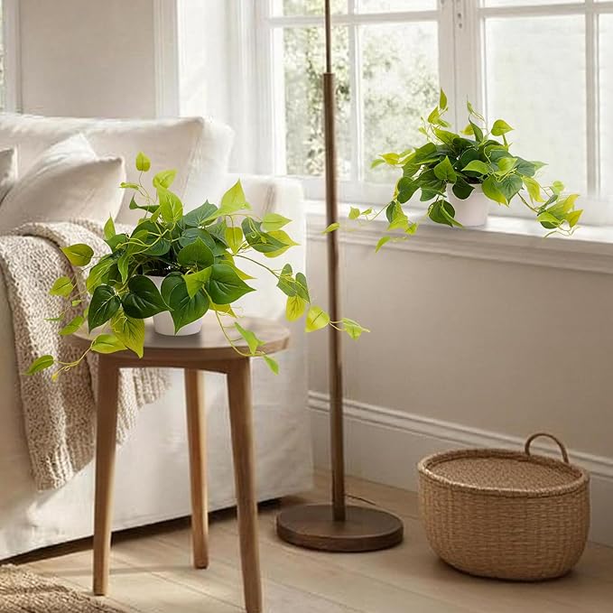 alyptus Fake Pothos Hanging Plants – 33" Set of 2 Faux Ivy Vines Realistic Silk Devil’s Ivy for Indoor Décor, Low Maintenance Artificial Greenery for Home Bathroom or Office - Green with White Pots