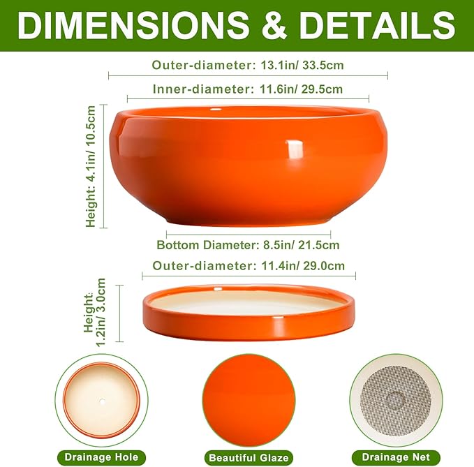 EPFamily Bonsai Pots - 13 Inch Ceramic Succulent Pots with Drainage Hole and Saucer, Shallow Planter for Indoor Outdoor, Bonsai Planters, Large Planter Bowl, Porch Decor, Gift for Plant Lover, Orange