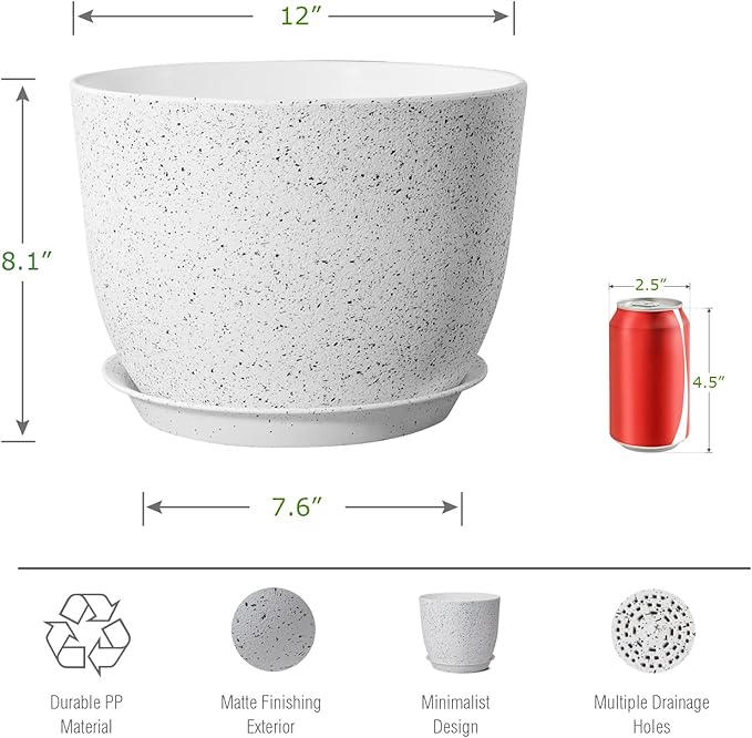 UOUZ 12inch Large Plant Pot, Modern Plastic Planter with High Driange Holes and Saucer for Indoor Outdoor Garden Plants and Flowers, White Speckles