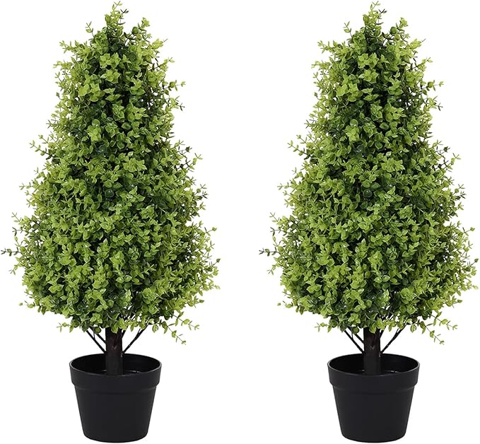 Binnny Flower 30" Tall Artificial Boxwood Topiary Trees, Set of 2 – UV Resistant Faux Evergreen Shrubs and Bushes for Outdoor Planters, Realistic Fake Plants for Front Porch Outside Patio Garden