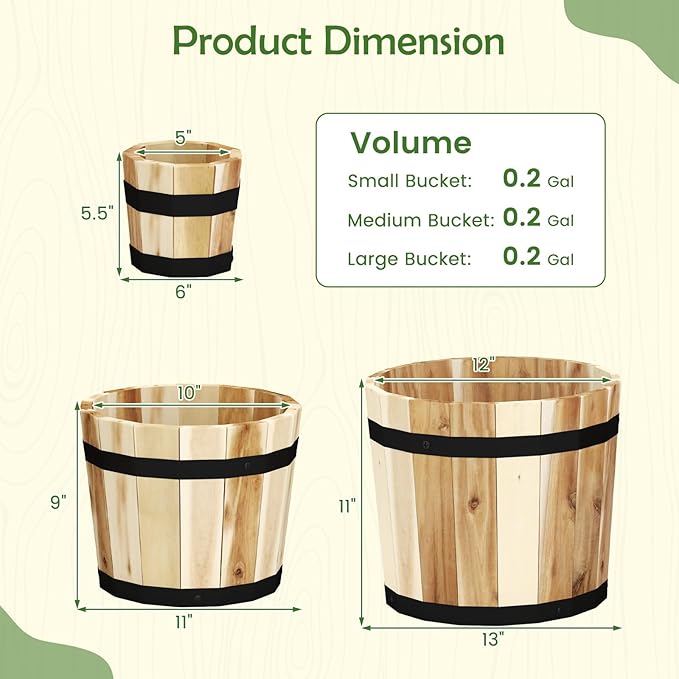 Giantex Set of 3 Barrel Planters, Outdoor Acacia Wood Raised Garden Bed for Flower Vegetable Fruit, Whiskey Bucket Shape Planter Boxes in Different Sizes for Patio Porch Balcony Yard (Natural)