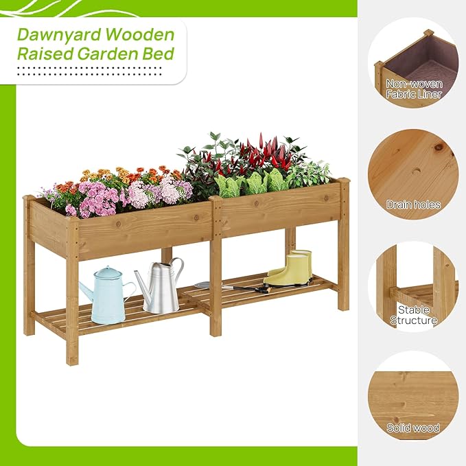 Raised Garden Bed, Planter Box with Storage Shelf, Elevated Wooden Planter Box with Legs, Garden Planter for Backyard, Patio, Balcony, Natural Wood (Brown, L)