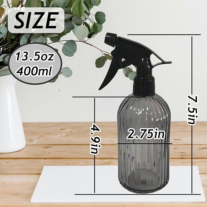 Glass Handheld Spray Bottle, 13.5oz Refillable Plant Mister Bottle 2 Pack, Water Spray Bottle with Adjustable Mist Nozzle for Outdoor Gardening, Indoor Flowers, Cleaning, Hair & Pets Care (Grey)