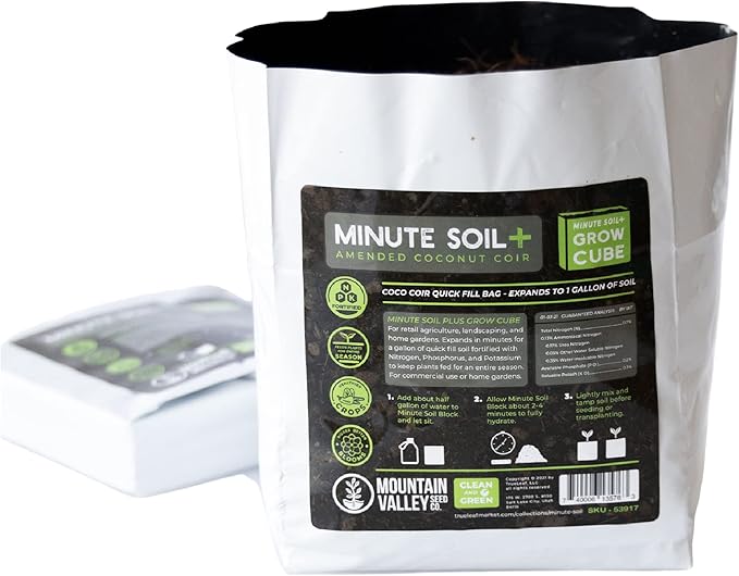 Minute Soil Plus Grow Cube - Amended Coco Coir Potting Soil - 1 Gallon Plastic Grow Bag - 5 Cubes - Self Contained Expanding Coconut Coir Grow Planter - Feeds Plants for an Entire Season