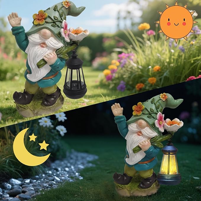 Solar Garden Gnomes Statue - Funny Dwarf Statue Carrying a Solar Lantern on its Shoulder, Outdoor Garden Decor for Yard, Lawn, Patio - Gnomes Figurine Ideal for Holiday Giving