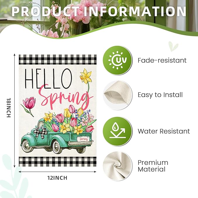 Hello Spring Garden Flags for Outside, Buffalo Plaid Truck with Flowers Yard Decoration, Small Seasonal Summer Outdoor Decor for Farmhouse Holiday,12x18 Inch Double Sided