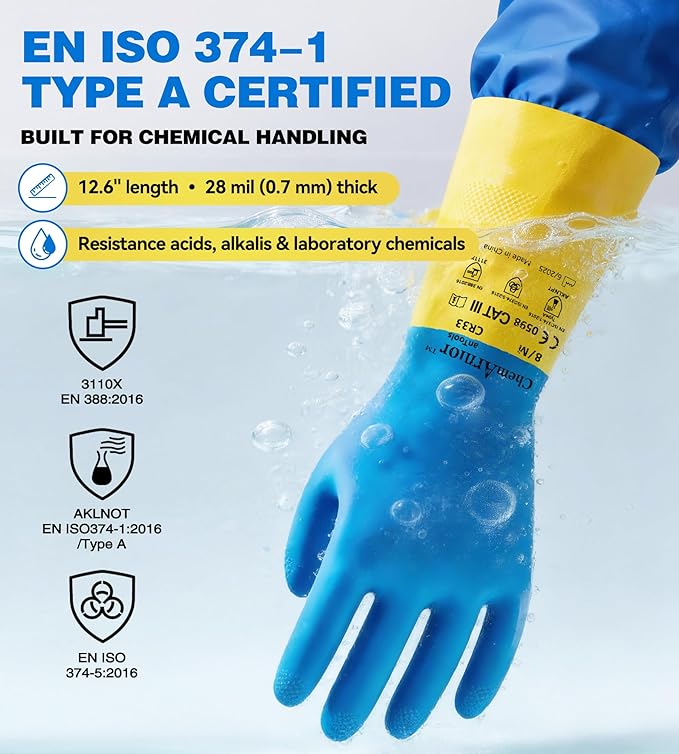 Neoprene and Rubber Blend Heavy-Duty Chemical Gloves, Protective industrial gloves for Resist Acid, Alkali, Hazmat, cleaning, dishwashing, Large
