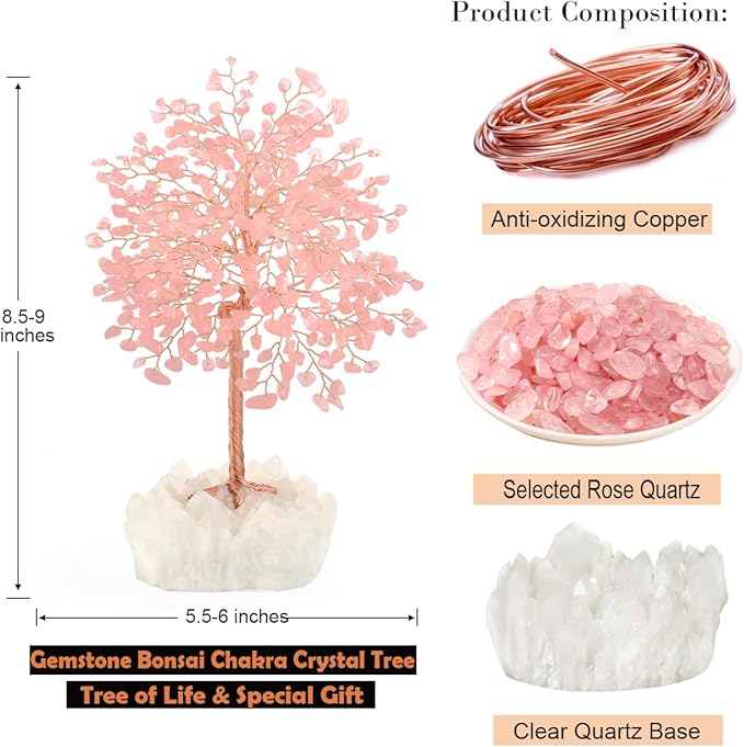 MASGEMES Gemstone Crystal Tree of Life,Natural Rose Quartz (406 Stones) with Clear Quartz Base,Chakra Balancing Positive Energy Feng Shui Home Decor Bonsai Money Tree,Birthday Gift 8.5"-9"