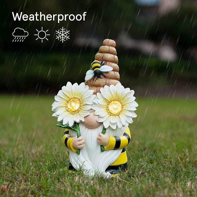 LA Jolie Muse 11.7'' Solar Gnomes Garden Statues-Resin Bee Gnomes Figurine Sunflower Decor with Solar LED Lights for Outdoor Gnomes Decorations for Yard Patio Lawn Porch, Garden Gifts for Mom