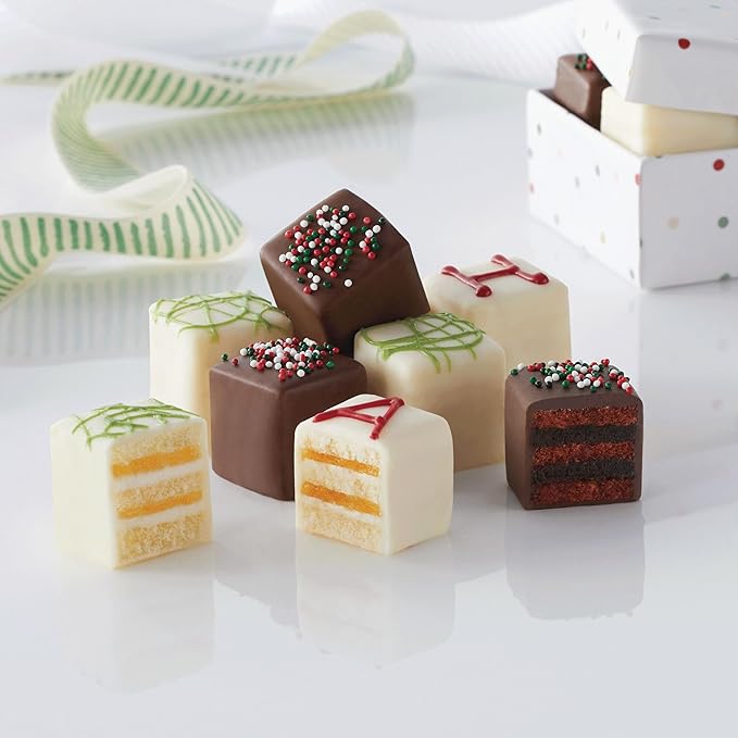 The Swiss Colony Bah Humbug Petits Fours Cakes - Gourmet Cake Assortment with Chocolate, Vanilla, and Layer Cakes - Holiday Dessert Gift for Christmas and Celebrations - (Pack of 24)