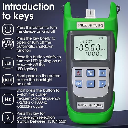 A-D1315 Optical Light Source, Optical Fiber Tester Single Mode Dual Wavelength 1310nm 1550nm 270Hz 1000Hz 2000Hz SC/FC/ST/LC Interface Fiber Optic Light Source with LED Lighting with LC Adapter