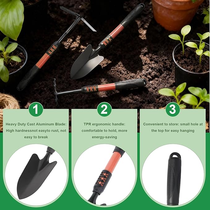 Garden Tool Set, 3 Pack Gardening Tools, Stainless Steel Heavy Duty Hand Cultivator, Hoes, Shovel, for Planting Weeding Digging, Red