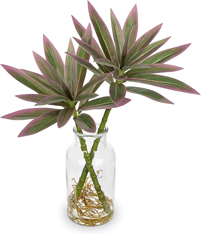 Artificial Pink Plants Stems in Glass Vase with Faux Water,Fake Silk Plant Dracaena Leaves for Centerpiece Table Decorations Farmhouse Wedding Home Greenery Decor