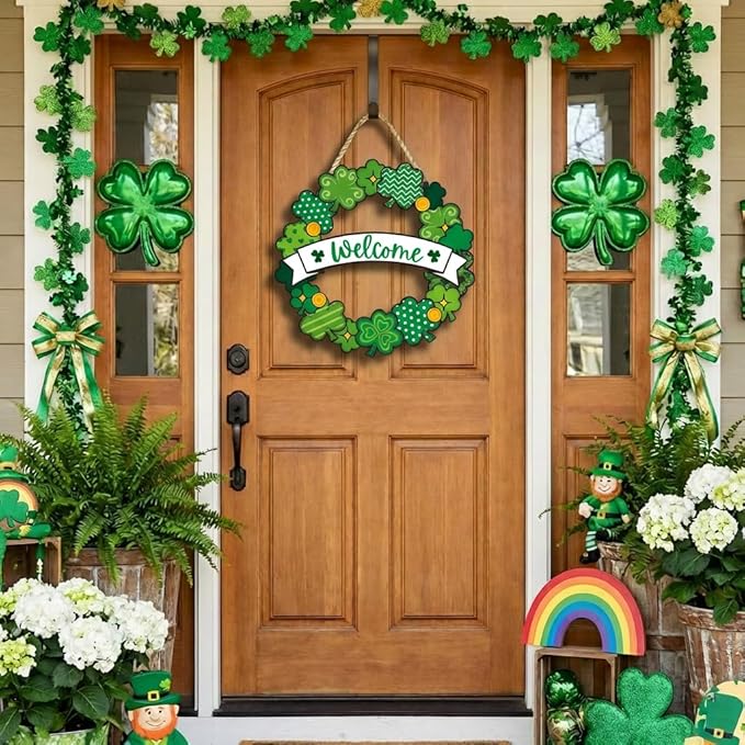 St. Patrick’s Day Decorations, Welcome Shamrock Door Sign, Clover Wooden Hanging Sign, St. Patrick’s Day Shamrock Wreath Door Hanger for Front Door Porch Wall Entryway