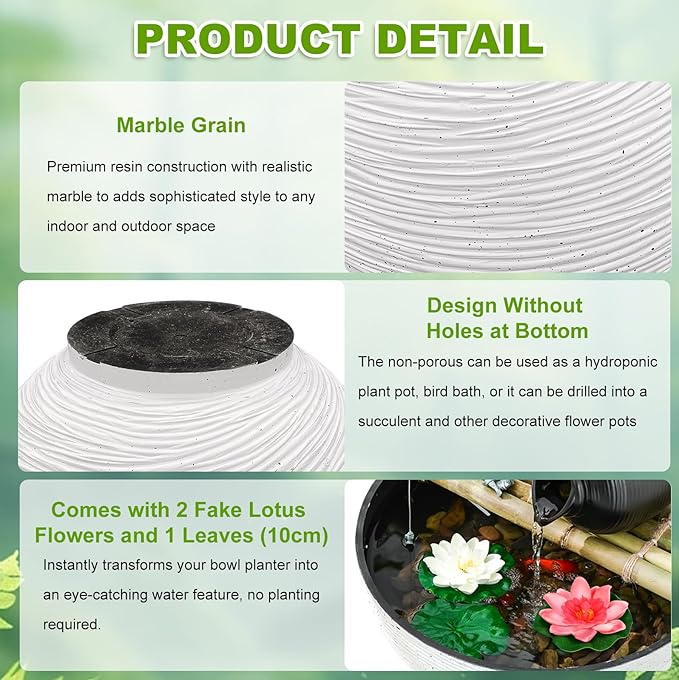 charmshine 13.7inch Large Lotus Bowl Planter Garden Water Plant Pot Bird Bath Bowl Landscaping Planter Water Lily Pots for Outdoor Indoor Planting in Water Small Fountain Base Mini Fish Pond (White)
