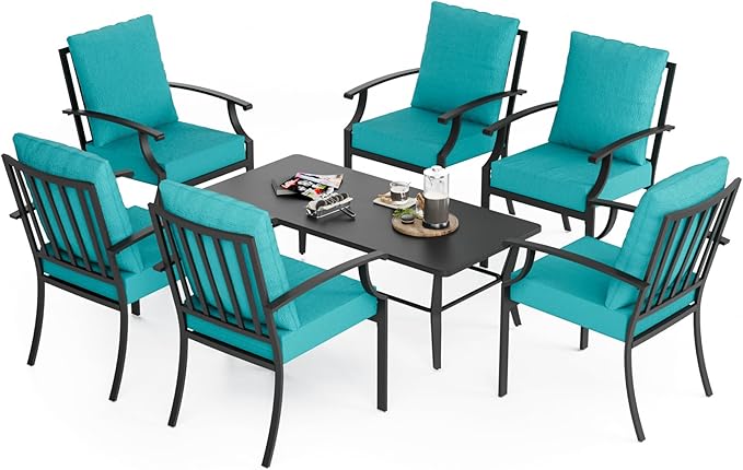 7-Piece Patio Furniture Set, Outdoor Furniture with All-Iron Rectangular Coffee Table and 6 Chairs with Thick Cushions, Metal Patio Table and Chairs Set for lawns, Patios and Backyards,Blue