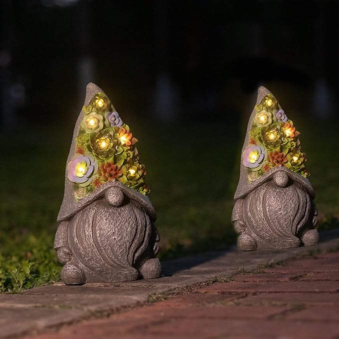 Solar Garden Statues Gnomes Figurine with Succulent and LED Lights - Garden Gnome Statues Decorations for Yard, Outside, Patio, Balcony - Gardening Housewarming Birthday Gifts