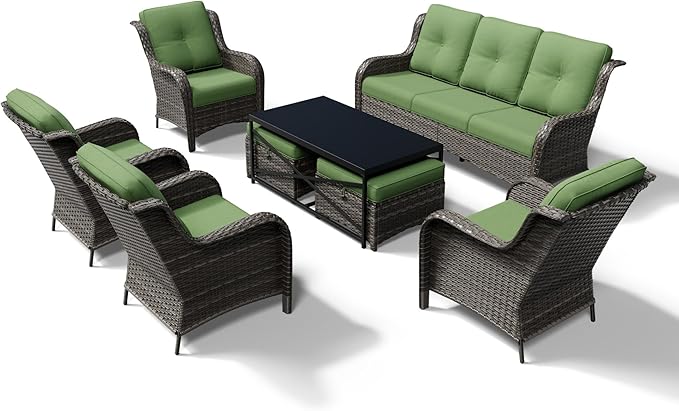 Joyside 8 Piece Wicker Patio Furniture Set, Rattan Patio Chairs with High Back, Deep Seating, Wide Armrest, Thickened Cushions, Outdoor Furniture for Deck, Porch Use