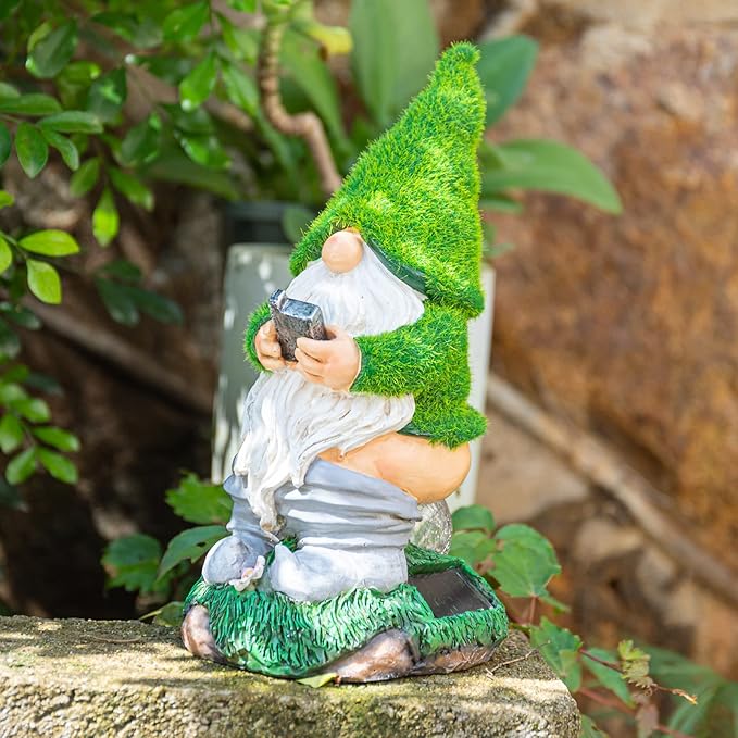 Garden Gnome Statues - Resin Gnome Figurine Sitting on Solar Crackle Glass Globe Lights, Funny Garden Ornament for Patio Yard Lawn Porch Outdoor Decor