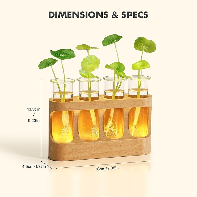 Plant Propagation Station with LED Light – Beech Wood & Glass Desk Decor, Indoor Terrarium with Wooden Stand, Plant Gifts for Women Plant Lovers