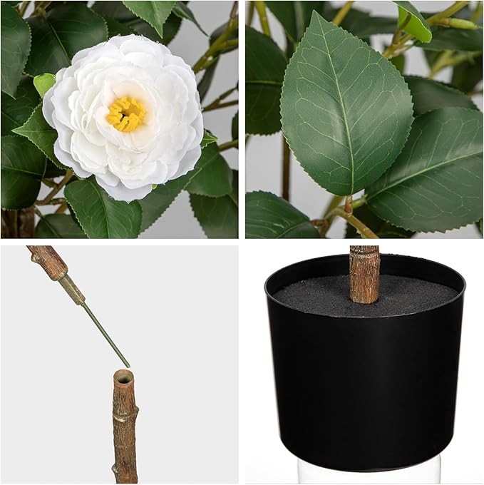 4ft Artificial Camellia Tree Fake Camellia Plant with White Flowers Faux Floral Plant Blooming Tree in Black Pot for Indoor Outdoor Office Home Front Door Porch Decor (2 Pack - White)