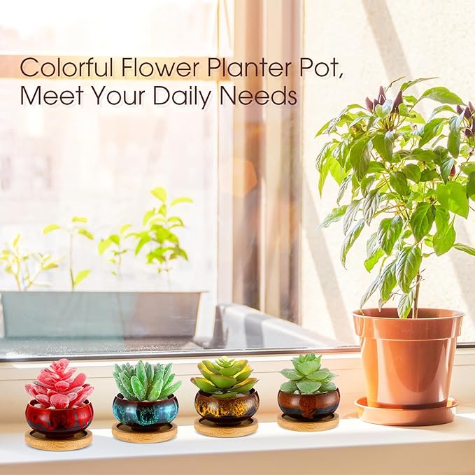 RimCereal 24 Pcs Ceramic Succulent Pots 2.5 Inch Small Plant Pots Indoor with Drainage and Bamboo Saucers Colorful Succulent Flower Planters for Garden Plants Home Decor(Round,1.2 Inch H)