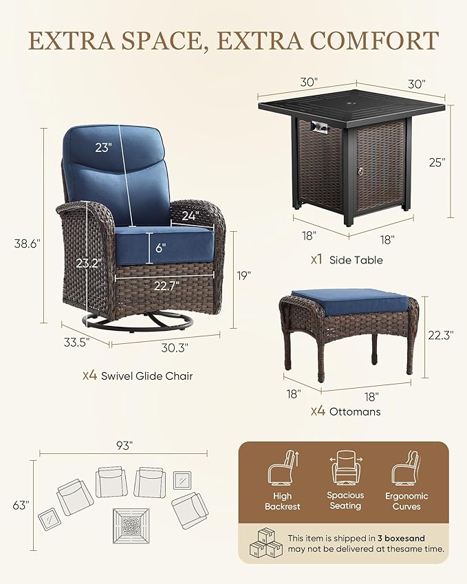 Belord Upgraded 6“ Cushion Luxury 7 Piece Patio Furniture Set with Fire Pit Table - Outdoor Furniture Set with High Back Swivel Rocker Patio Chairs, Conversation Set for Deck Porch Yard - Brown/Blue