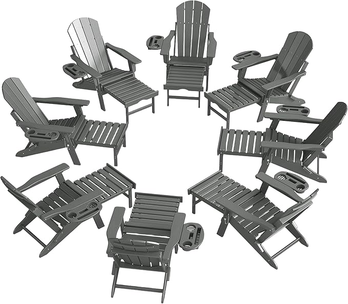 Adjustable Adirondack Chair with Retractable Ottoman Set of 8, HDPE Folding Adirondack Chair with Cup Holder, All Weather Fire Pit Chair for Outdoor.