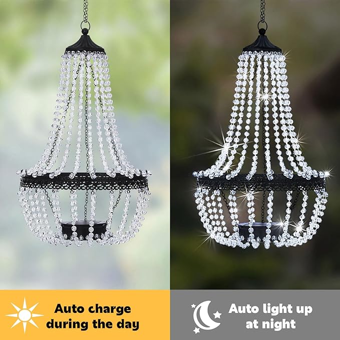 Hanging Solar Lantern Outdoor, 28” Modern Clear Crystal Acrylic Chandelier with 30 Cool White Lights S Hook for Garden, Yard, Patio, Gazebo Decorations