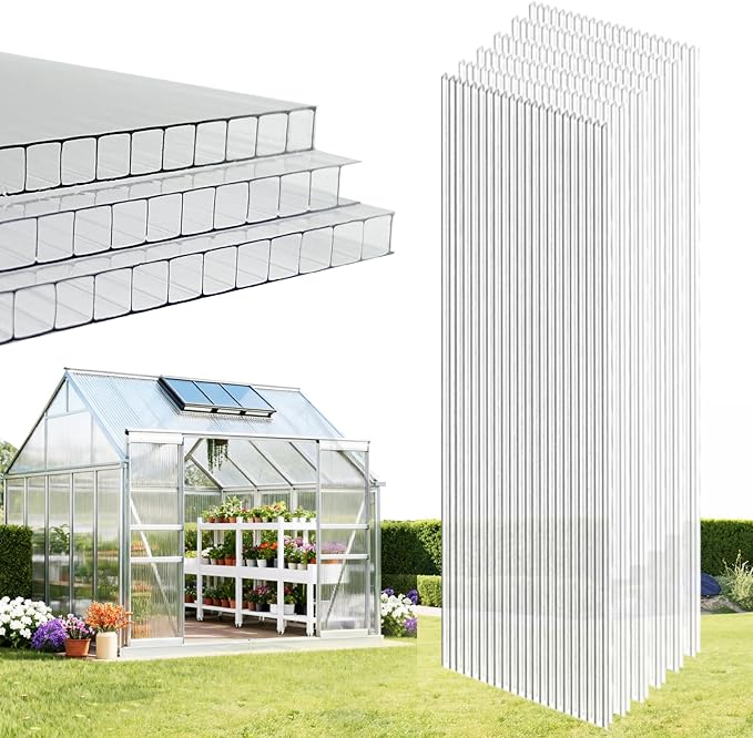 6 Pcs Polycarbonate Greenhouse Panels, 8'FT x 2'FT x 0.24" in Twin-Wall Polycarbonate Sheet, All-Season UV Protected Plastic Roof Sheeting for Greenhouse Covering/Outdoor Garden