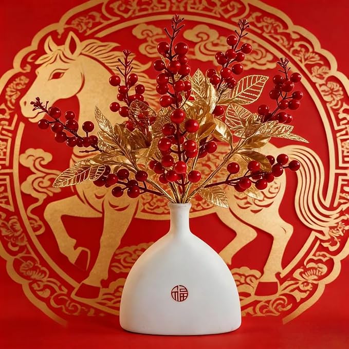 KYMY Chinese & Vietnamese Lunar New Year Artificial Berry Branch – 2026 Red Holly Berries Stems with Gold Leaves, 15.7 Inch Spring Festival Floral Picks for Vase Table Home Decor