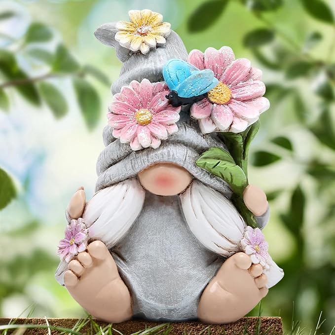 Hodao Flower Gnomes Ornaments Decor Gifts Summer Gnomes Figurines for Garden Decorations Spring Sculptures Gifts for Outdoor Decor for Mom, Grandma (Grey-Woman)