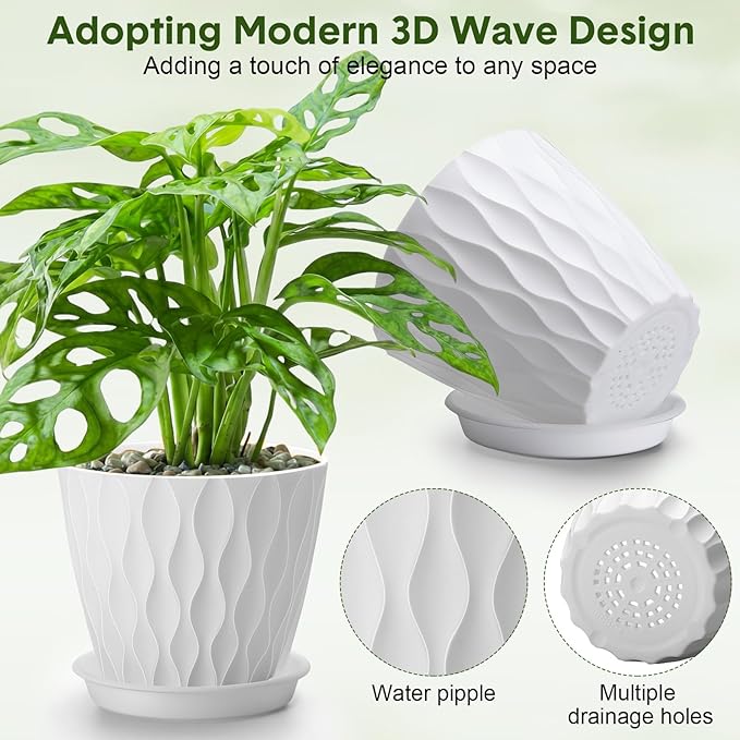Acellegic 48 Pack 4 Inch Small Pots for Succulents, Waffle Texture Pots with Tray, Plastic Planter with Drainage Holes and Saucers, for Indoor Outdoor Plants Flowers, Seedlings (White)