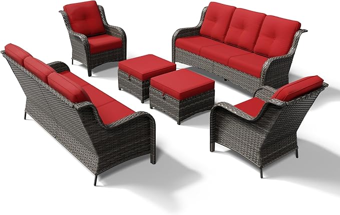 Joyside 6 Piece Wicker Patio Furniture Set, Rattan Patio Chairs with High Back, Deep Seating, Wide Armrest, Thickened Cushions, Outdoor Furniture for Deck, Porch Use