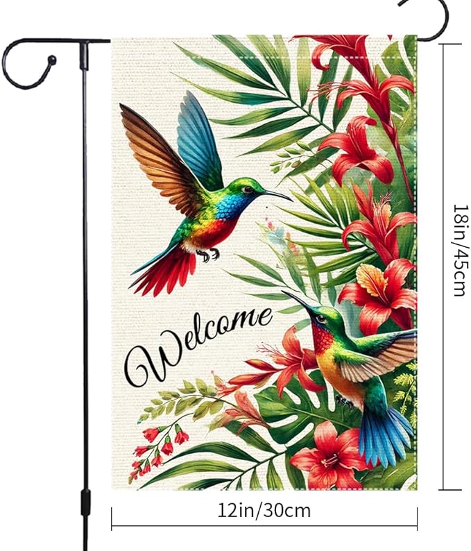 Welcome Hummingbird Garden Flag 12x18 Inch Burlap Double Sided Seasonal Colorful Floral Outdoor Home Yard Lawn Rustic Farmhouse Spring Summer Flags