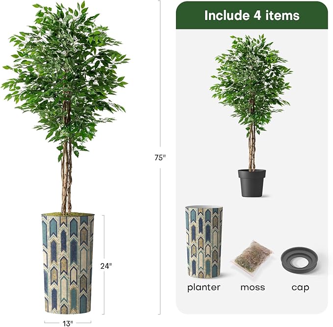 Artificial Tree in Modern Polygon Pattern Effect Planter, Fake Ficus Silk Tree for Indoor and Outdoor Home Decoration - 75" Overall Tall (Plant Pot Plus Tree)
