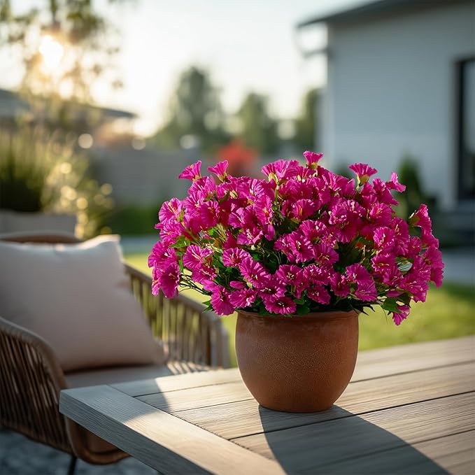 Artificial Morning Glory Flowers Plants for Outdoor 8 Pcs Faux Silk Petunias Flower Realistic Faux Flowers Plants for Outside Planter Porch Yard Patio Balcony Home Indoor Decor (8 Pcs Rose Red)