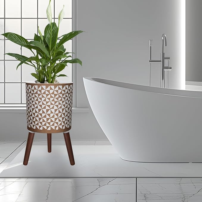 Opnons 12 Inches Plant Pot with Stand, Large Modern Standing Planters for Indoor Outdoor Plants with Drainage Holes, Big White & Gold Flower Pots with Legs