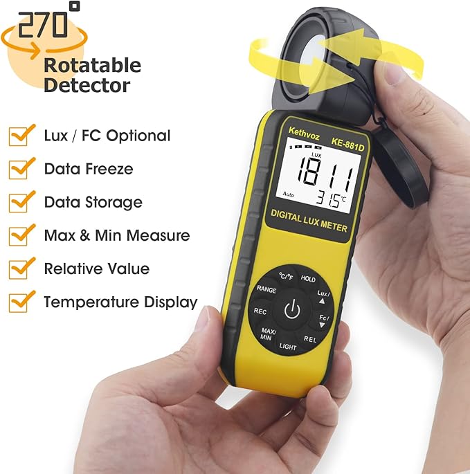 Kethvoz KE-881D Digital Illuminance - 0.1~400,000 Lux Range Light Meter, Foot Candle Tester for Photography, LED Grow Lights, Aquarium, Indoor Lighting Measurement