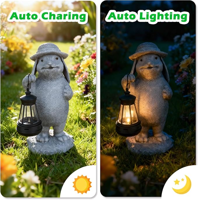 Solar Rabbit Garden Statue with Hanging Lantern - Funny Outdoor Bunny Figurine Easter Decor- Waterproof Resin Sculpture for Yard, Patio, Pathway - Unique Housewarming Gift for Women, Mom & Grandma
