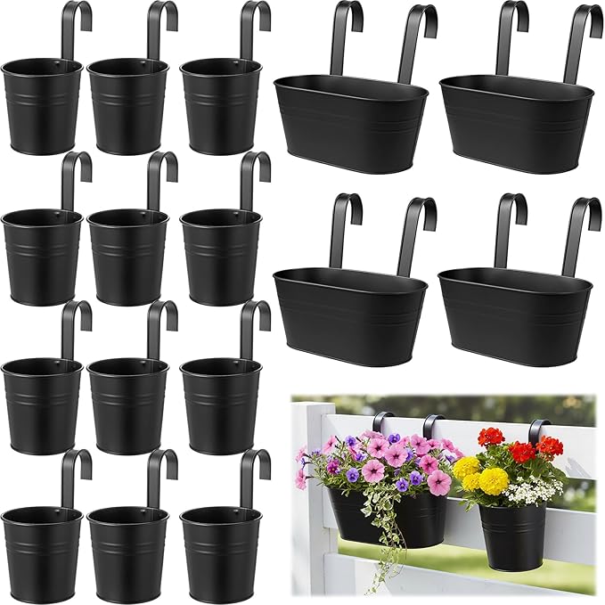 Romooa 16 Pcs Hanging Flower Pots Planters for Outdoor Metal Iron Wall Flower Planter Baskets for Railing Fence Balcony Garden Yard Home Indoor Decoration with Detachable Hooks(Black)
